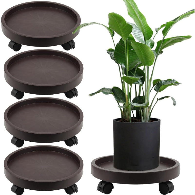 8-piece set of 11.42-inch circular plant rack with 4 lockable wheels, heavy-duty rolled plant rack with large capacity, 11.42-inch indoor and outdoor flowerpot wheel flowerpot tray cart, brown