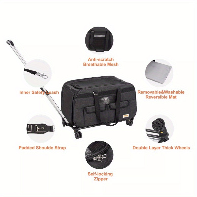 Cat Carrier with Wheels Rolling Pet Carrier with Handle 35 lbs Black