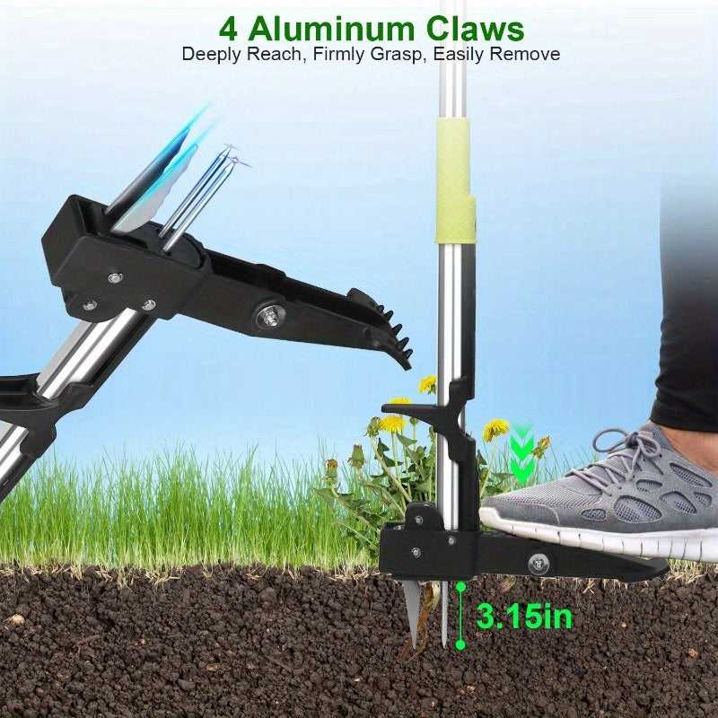 38.97in Aluminum Stand-Up Weed Puller - Manual Weeder Tool with 4 Claws, No Bending or Kneeling Needed for Lawn & Garden