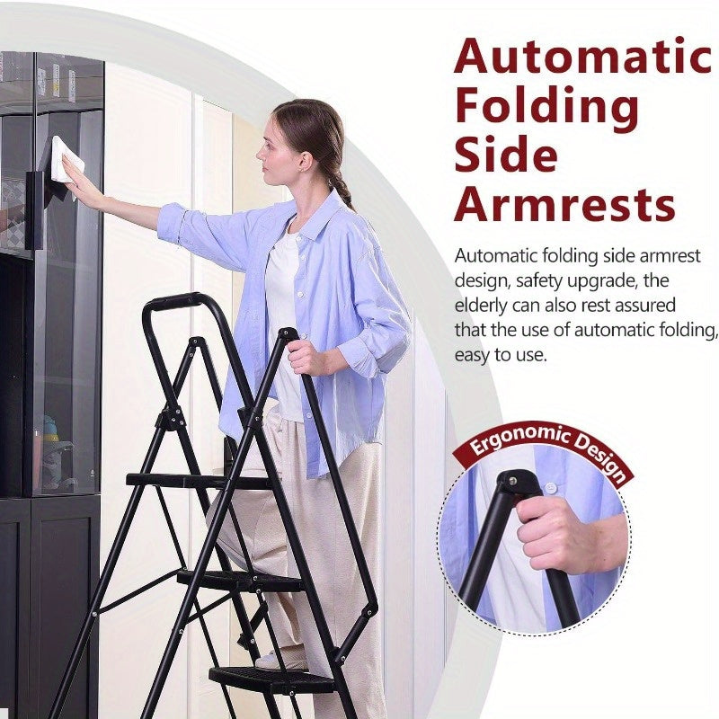 5-step Ladder, Folding Ladder Stool, With Anti Slip Wide Pedals, Steel Ladder, With Safety Anti Slip Handle, Lightweight 300 Pound Portable Steel Ladder Stool In Black