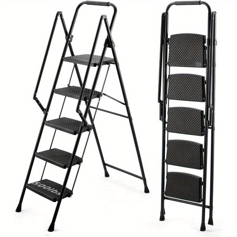 5-step Ladder, Folding Ladder Stool, With Anti Slip Wide Pedals, Steel Ladder, With Safety Anti Slip Handle, Lightweight 300 Pound Portable Steel Ladder Stool In Black