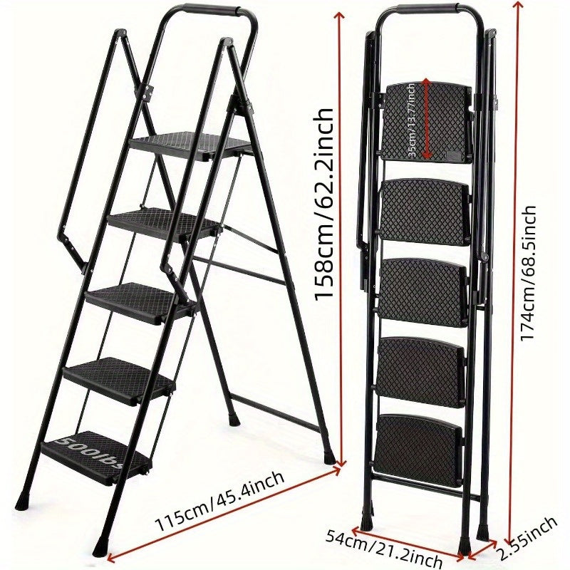 5-step Ladder, Folding Ladder Stool, With Anti Slip Wide Pedals, Steel Ladder, With Safety Anti Slip Handle, Lightweight 300 Pound Portable Steel Ladder Stool In Black