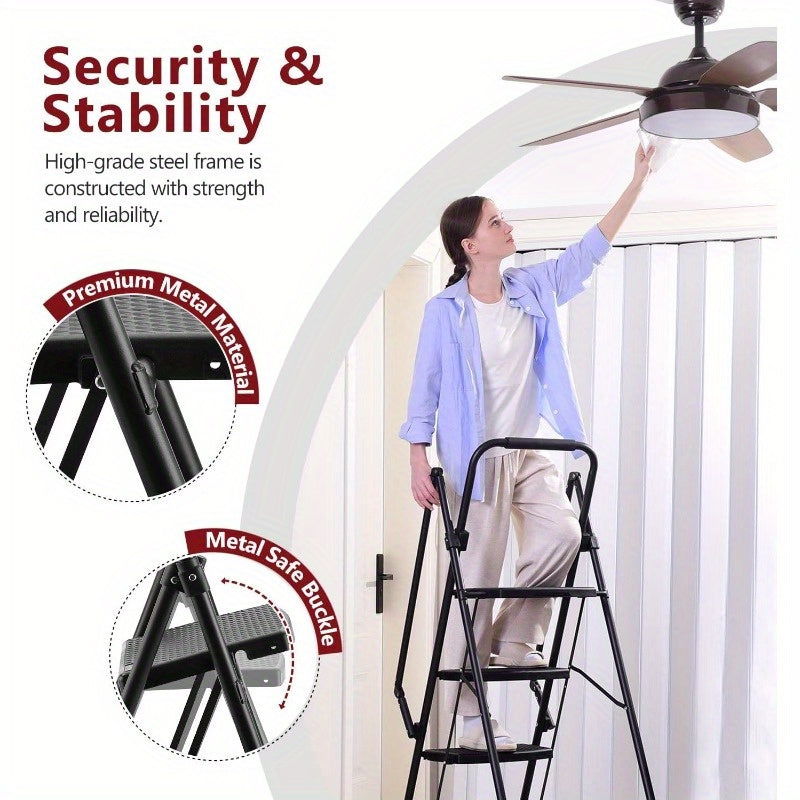 5-step Ladder, Folding Ladder Stool, With Anti Slip Wide Pedals, Steel Ladder, With Safety Anti Slip Handle, Lightweight 300 Pound Portable Steel Ladder Stool In Black