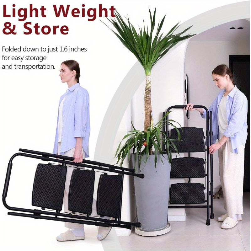 5-step Ladder, Folding Ladder Stool, With Anti Slip Wide Pedals, Steel Ladder, With Safety Anti Slip Handle, Lightweight 300 Pound Portable Steel Ladder Stool In Black