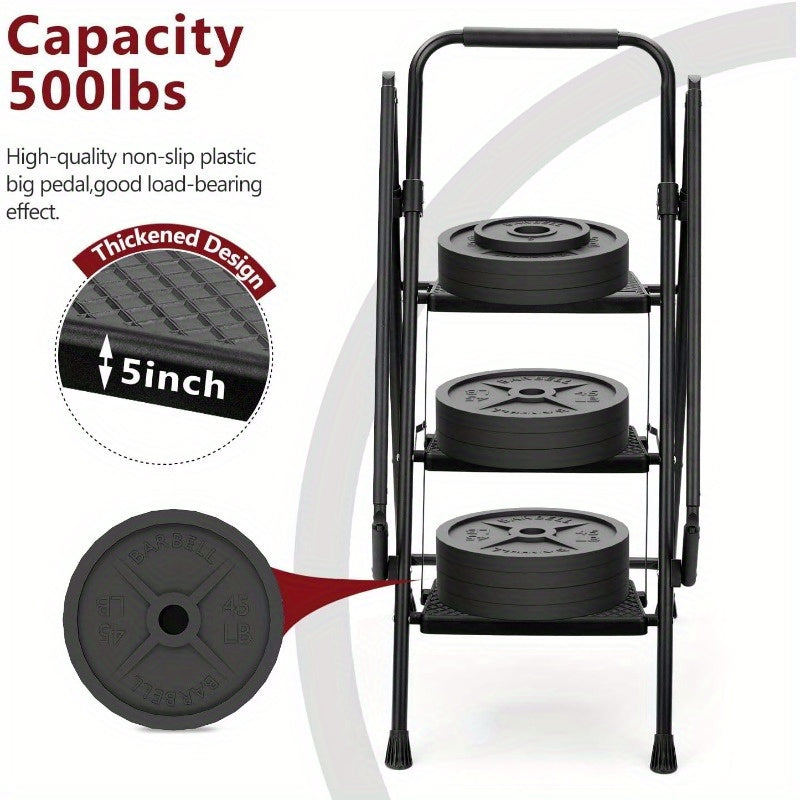 5-step Ladder, Folding Ladder Stool, With Anti Slip Wide Pedals, Steel Ladder, With Safety Anti Slip Handle, Lightweight 300 Pound Portable Steel Ladder Stool In Black