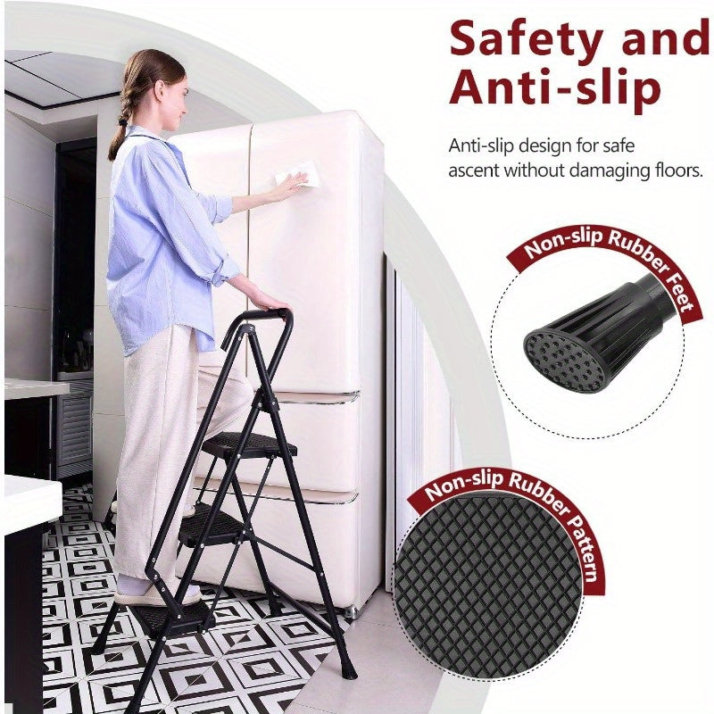 5-step Ladder, Folding Ladder Stool, With Anti Slip Wide Pedals, Steel Ladder, With Safety Anti Slip Handle, Lightweight 300 Pound Portable Steel Ladder Stool In Black