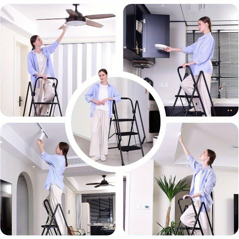 5-step Ladder, Folding Ladder Stool, With Anti Slip Wide Pedals, Steel Ladder, With Safety Anti Slip Handle, Lightweight 300 Pound Portable Steel Ladder Stool In Black