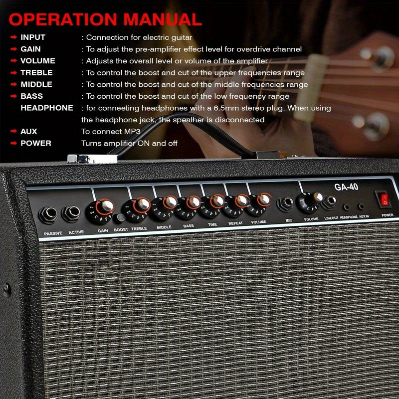 Black Guitar Amp 40W Amplifier For Electric Bass Acoustic Practice Amp Small Portable Mini Amplificador Para Bajo with Built in Effects - GA 40
