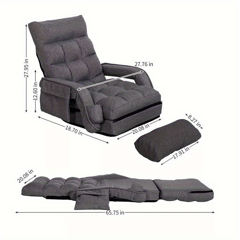 Lazy Sofa Bed Fold Floor Chair Soft Sleeper In Home Lounger Recliner 6-Position Adjustable with Armrests Pillow Dark Gray