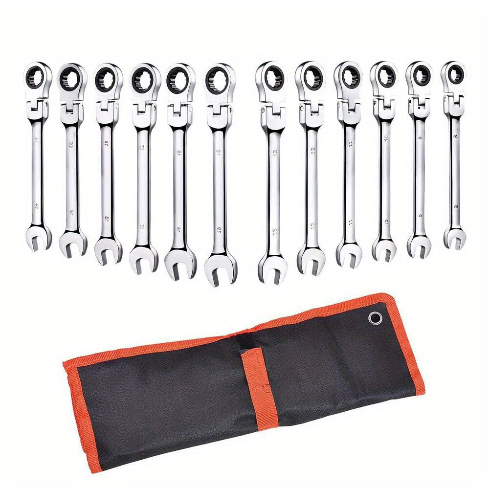 12PCS 8-19mm Metric Flexible Head Ratcheting Wrench Combination Spanner Tool Set