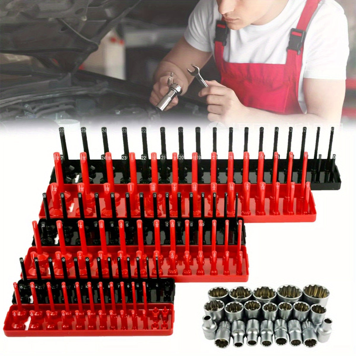6Pcs Socket Organizer Tray Set, Holds 90 Metric and 76 SAE Sockets, 1/4", 3/8", 1/2" Drive