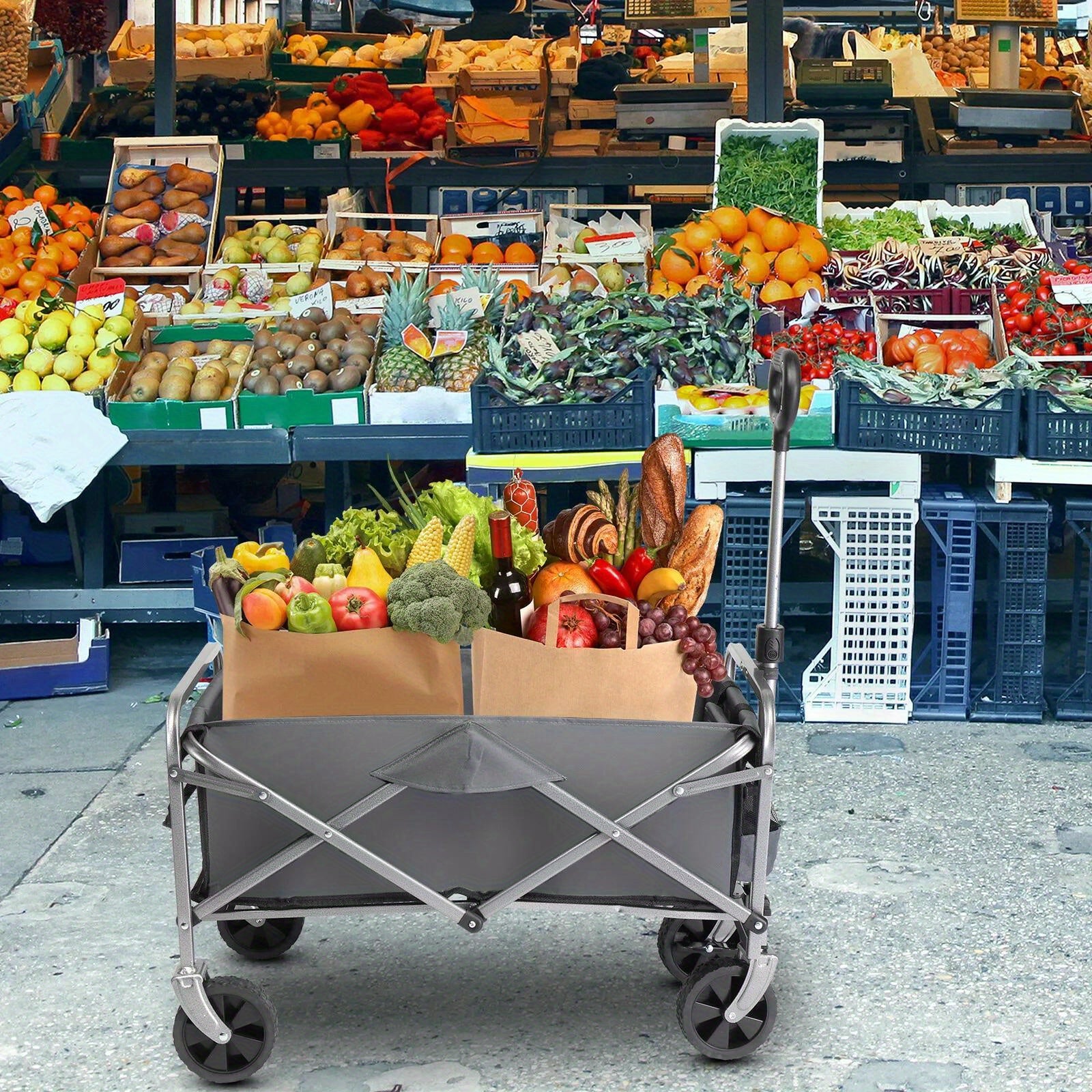 Outdoor Garden Folding Cart with Gray Cloth & Silver Frame - Compact Folding Shopping Cart for Gardening & Small Loads