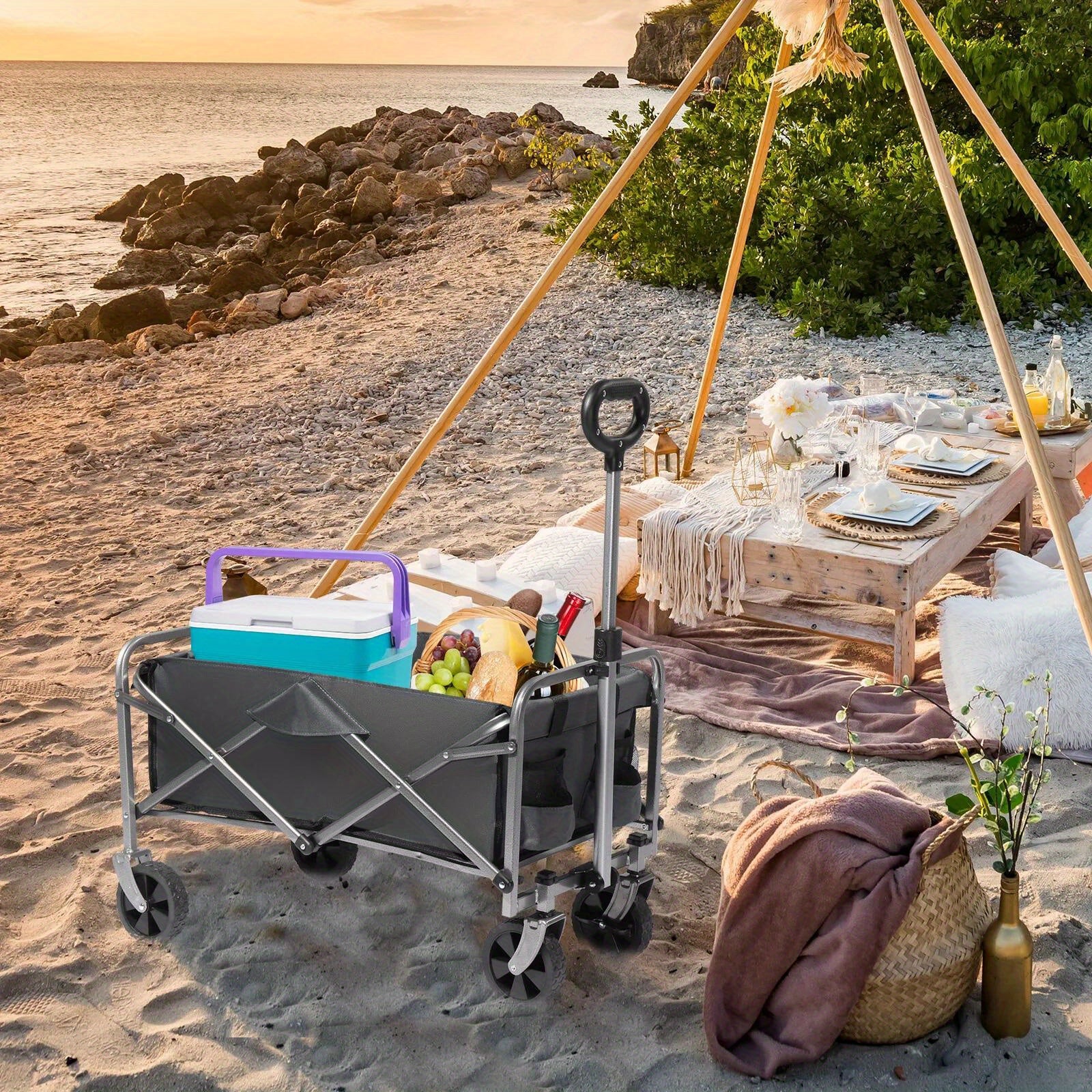 Outdoor Garden Folding Cart with Gray Cloth & Silver Frame - Compact Folding Shopping Cart for Gardening & Small Loads