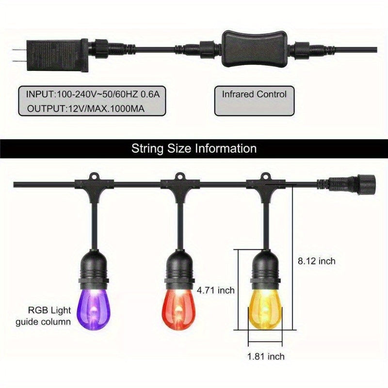 48ft Waterproof RGB LED Cafe String Lights with 15 S14 Bulbs β Perfect for Backyard Decor & Outdoor Parties