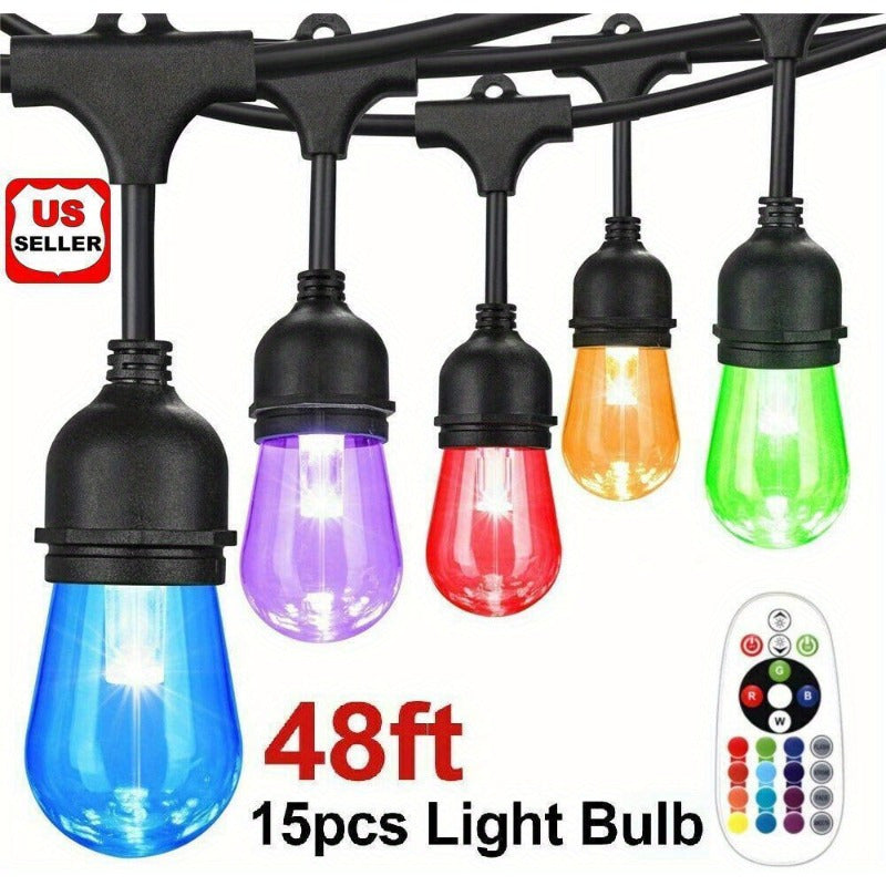 48ft Waterproof RGB LED Cafe String Lights with 15 S14 Bulbs β Perfect for Backyard Decor & Outdoor Parties