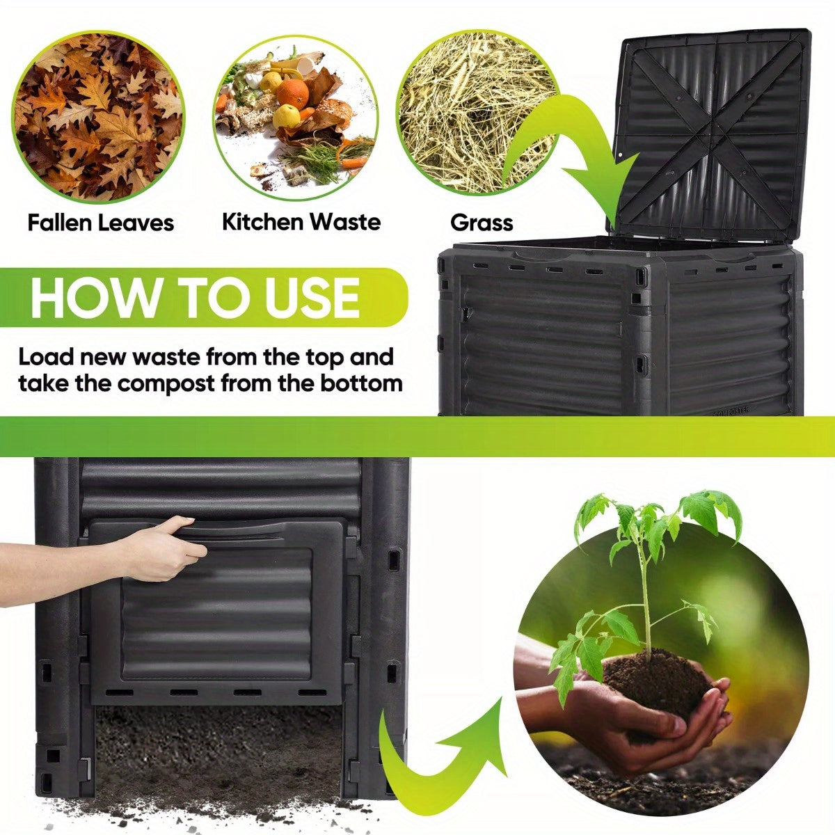 80 Gallon Black Garden Compost Bin - Fast Fertile Soil Creation