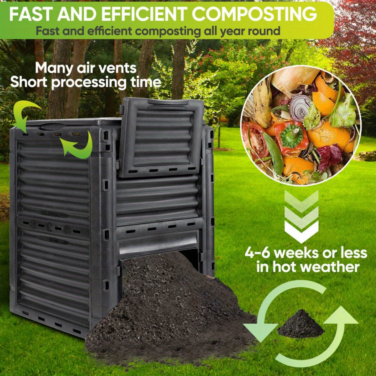 80 Gallon Black Garden Compost Bin - Fast Fertile Soil Creation