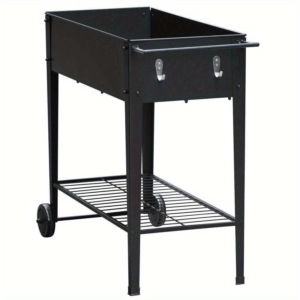 Black Compact Rolling Planter Cart - Metal Storage Box w/ Wheels, Plant Trolley