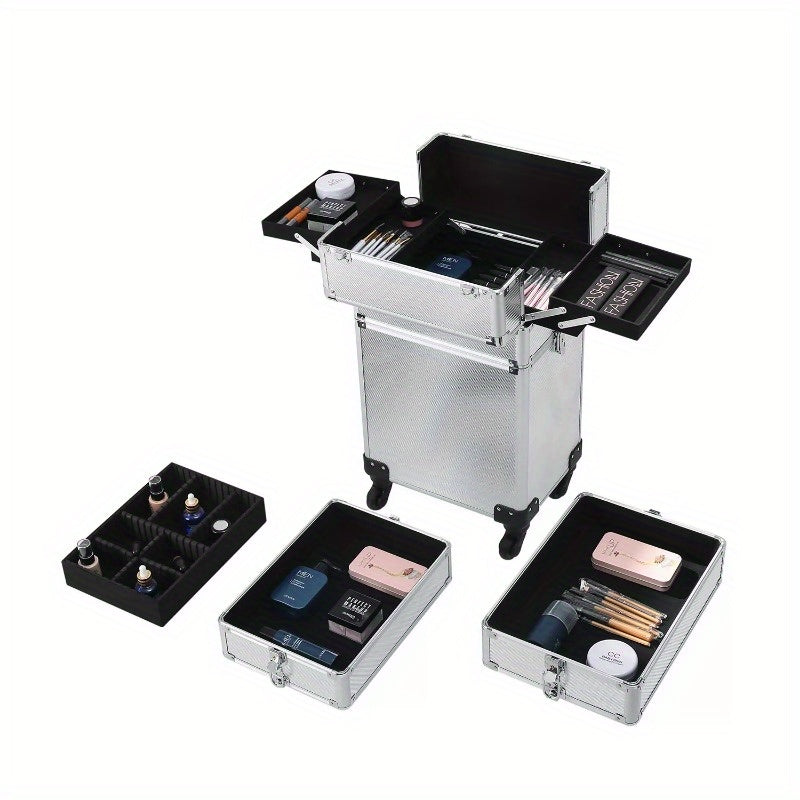 Pro 4in1 Aluminum Rolling Makeup Case Cosmetic Box Trolley Large Storage Space