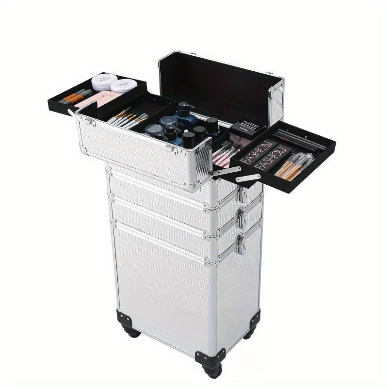 Pro 4in1 Aluminum Rolling Makeup Case Cosmetic Box Trolley Large Storage Space