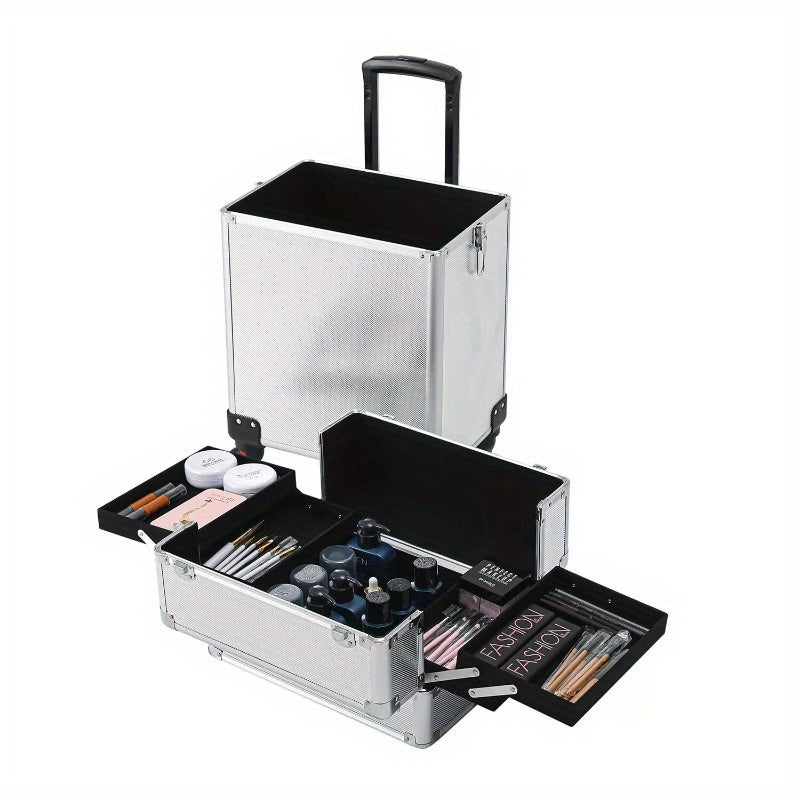 Pro 4in1 Aluminum Rolling Makeup Case Cosmetic Box Trolley Large Storage Space