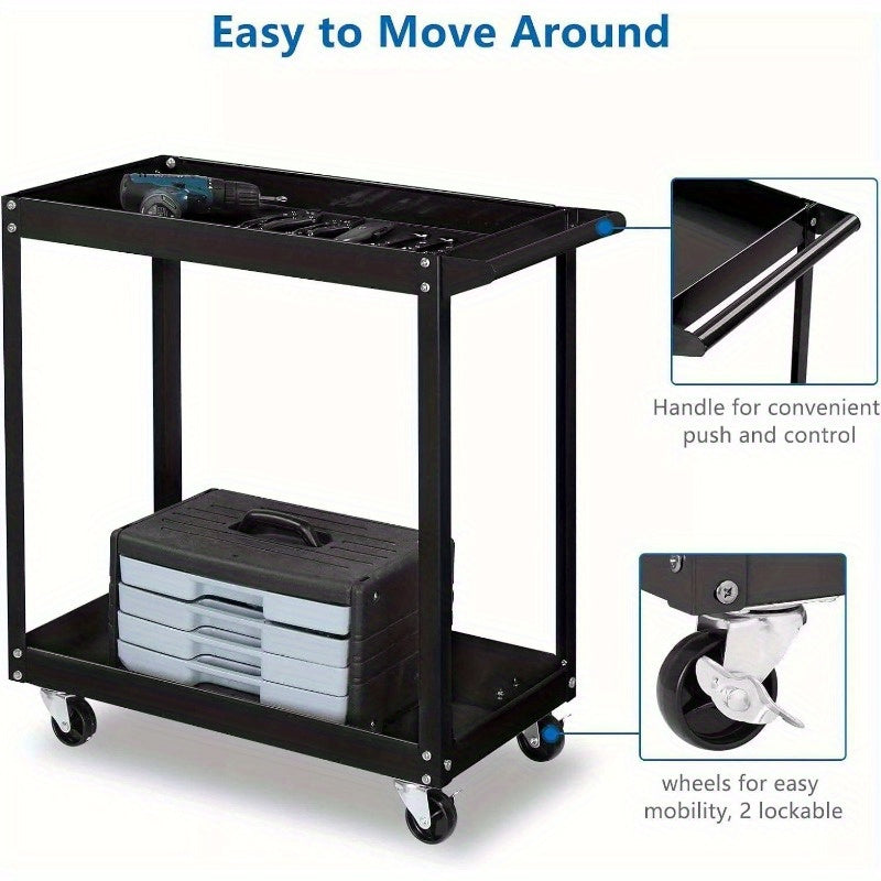 2 Shelf Steel Utility Cart, Tool Storage Organizer for Mechanic, Garage, Black