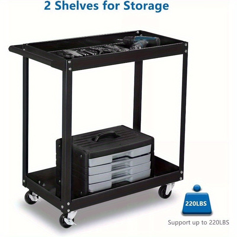 2 Shelf Steel Utility Cart, Tool Storage Organizer for Mechanic, Garage, Black
