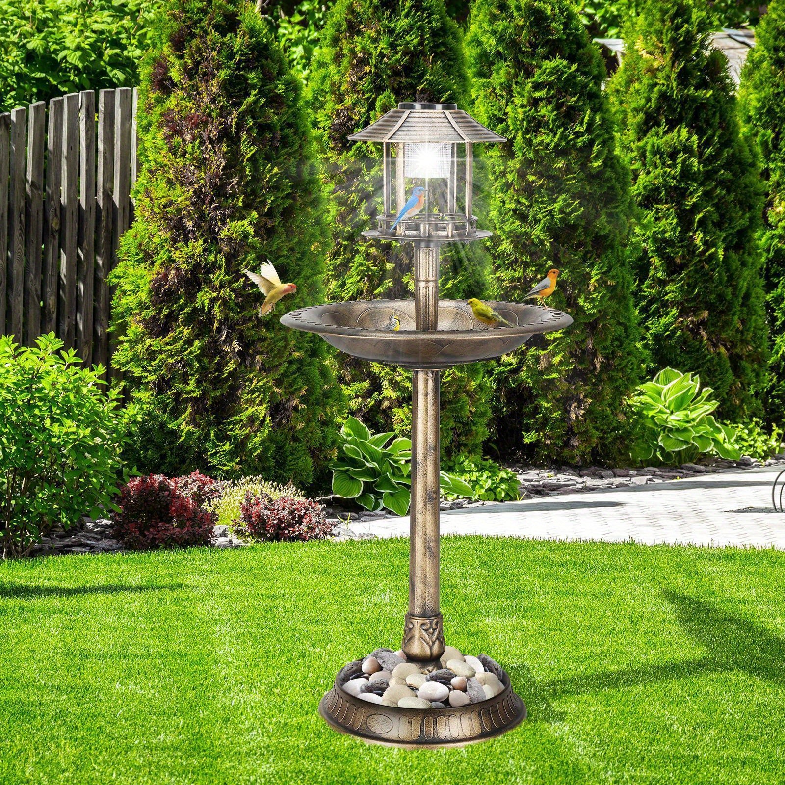42Inch Height Plastic Round Bird Bath with Solar Light & Sturdy Base for Outdoor Garden