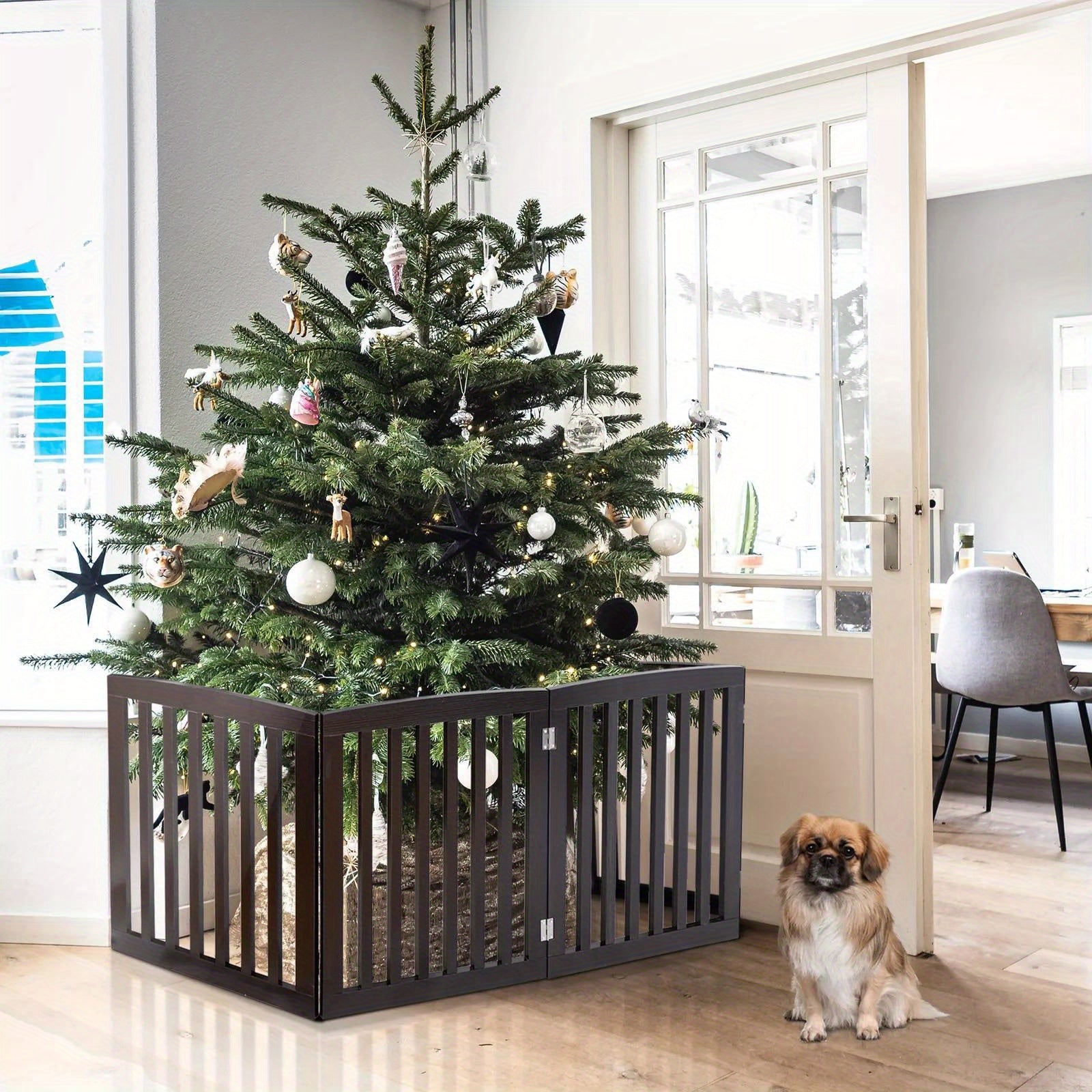 24Inches Entryway Wood Foldable Pet Dog Gate Fence 4 Panels Freestanding, Brown