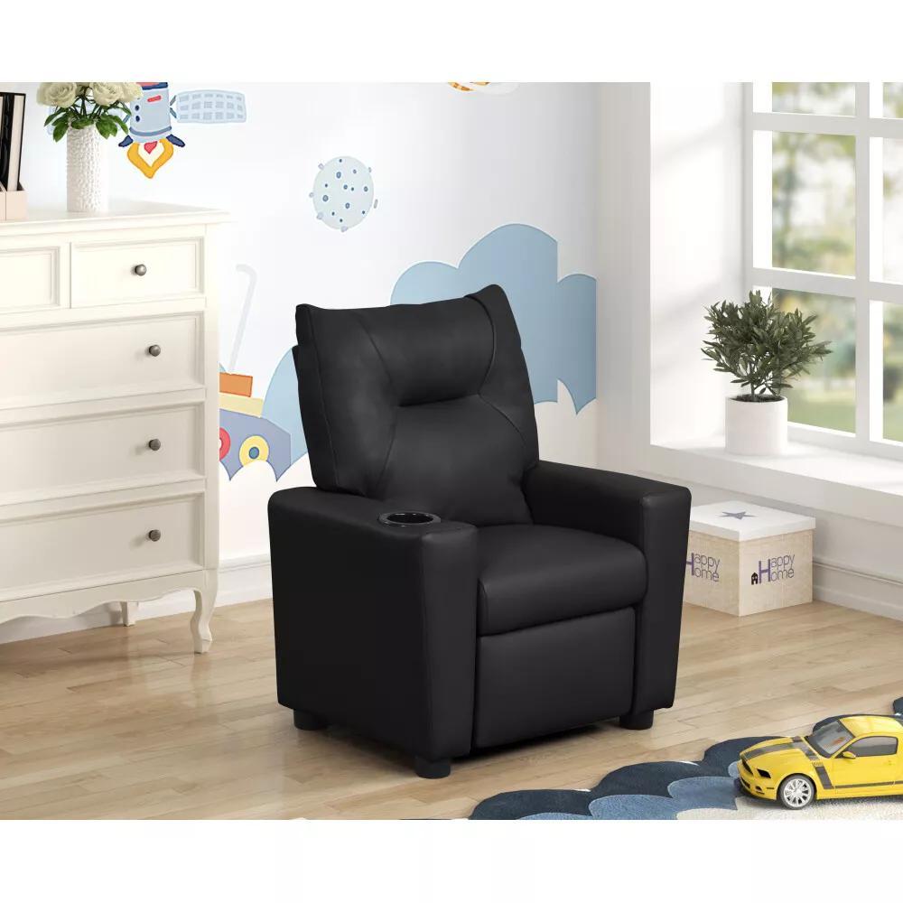 Perline 23InchW Black PVC Fabric Kids Recliner Chair with Cupholder