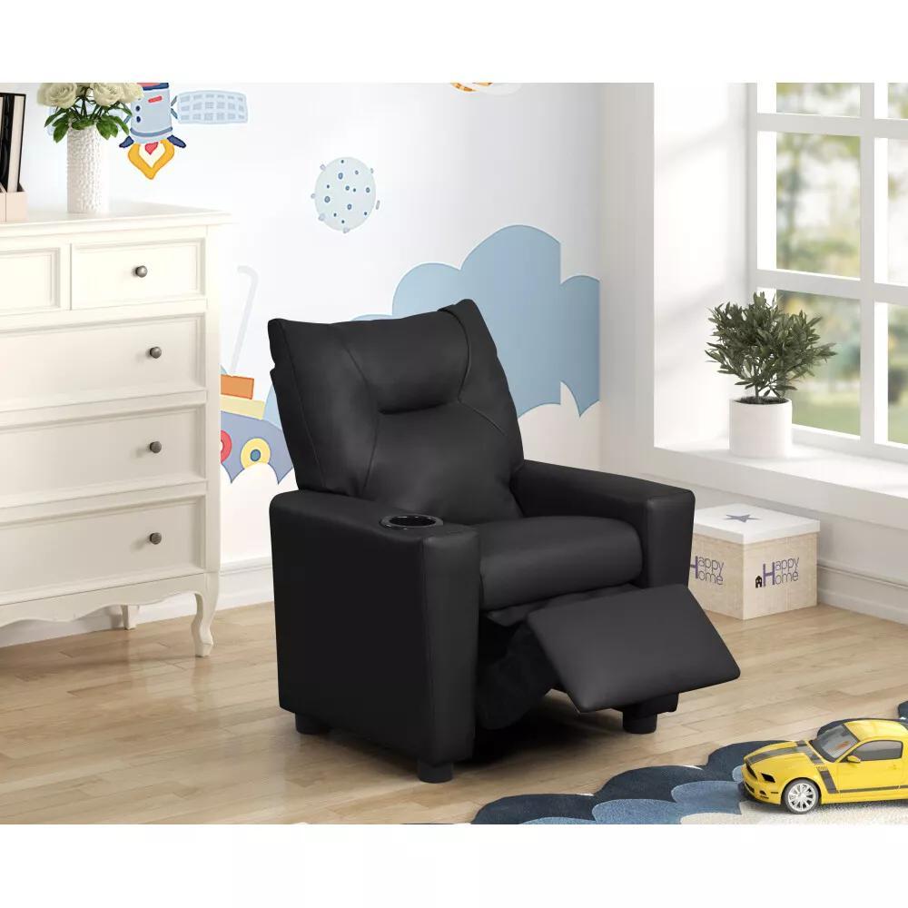 Perline 23InchW Black PVC Fabric Kids Recliner Chair with Cupholder