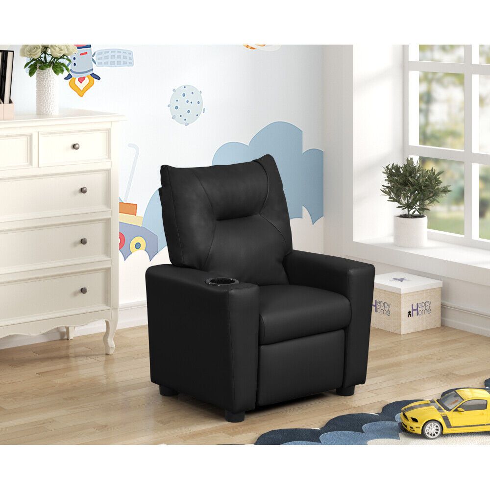 Perline 23InchW Black PVC Fabric Kids Recliner Chair with Cupholder