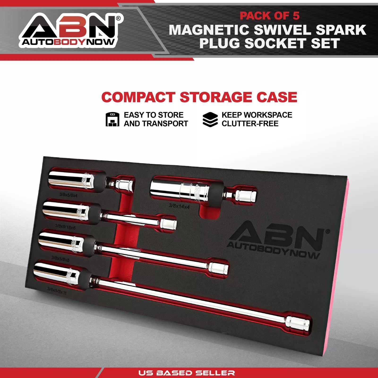 Magnetic Spark Plug Socket Set – 5-Piece 6-Point & 12-Point Swivel Spark Plug Removal Tool Kit with 3/8" Drive, Chrome Vanadium Steel, EVA Storage Case