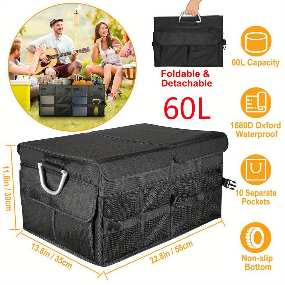 60L Trunk Cargo Organizer Folding Caddy Storage Collapse Bag Bin - Car Truck SUV