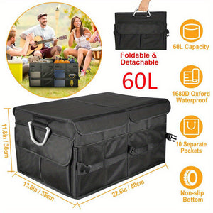 60L Trunk Cargo Organizer Folding Caddy Storage Collapse Bag Bin - Car Truck SUV