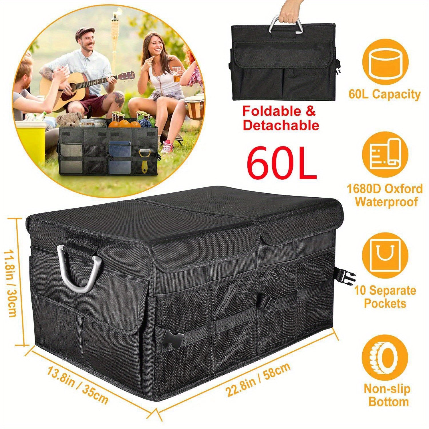 60L Trunk Cargo Organizer Folding Caddy Storage Collapse Bag Bin - Car Truck SUV