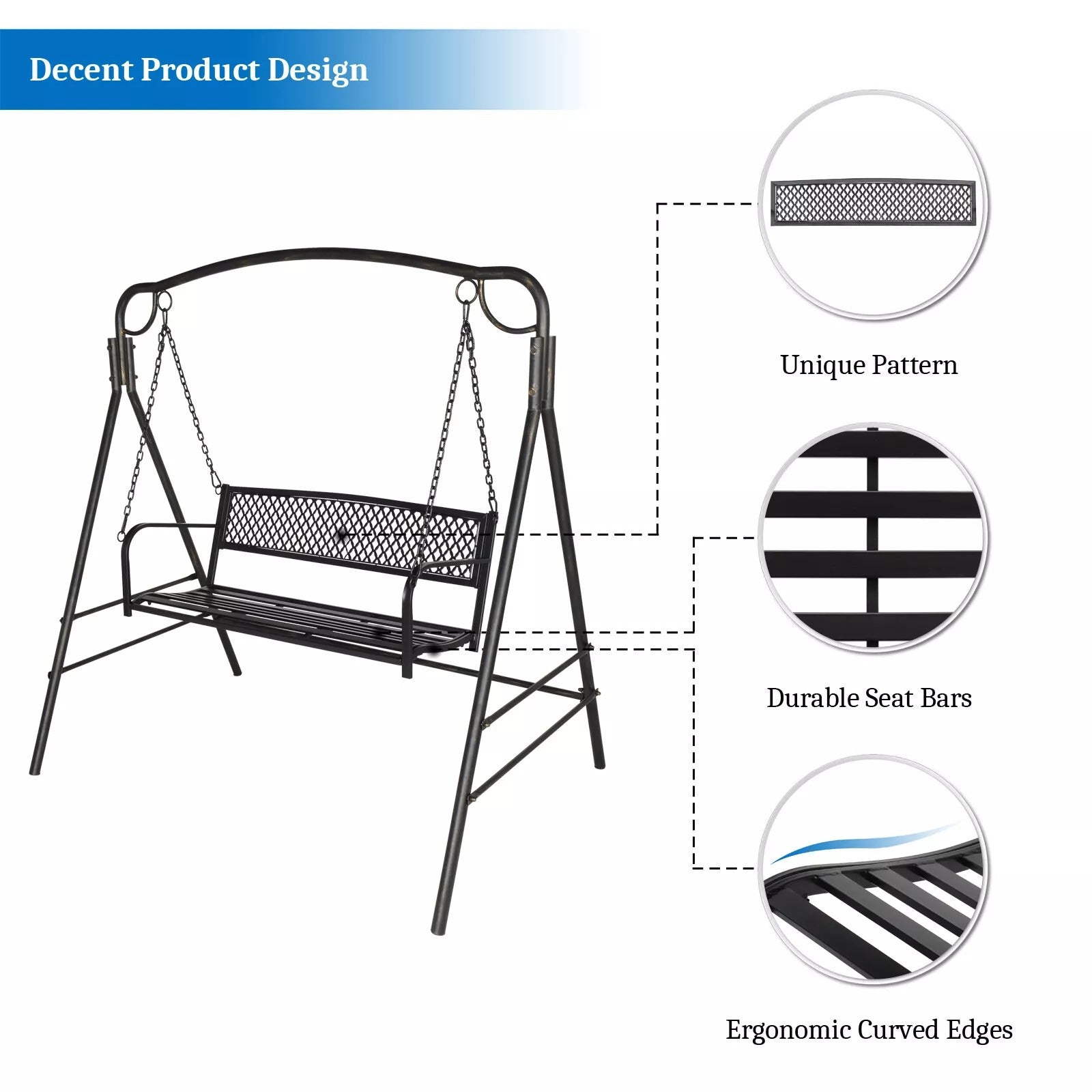 47.3'' Iron Porch Swing Chair - Outdoor Hanging Bench for Garden & Patio