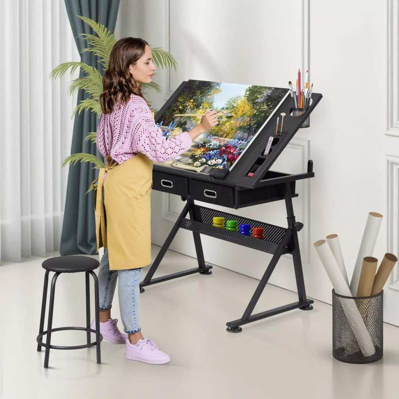 Drafting Drawing Table Tiltable Tabletop Workstation Adjustable Height w/Stool
