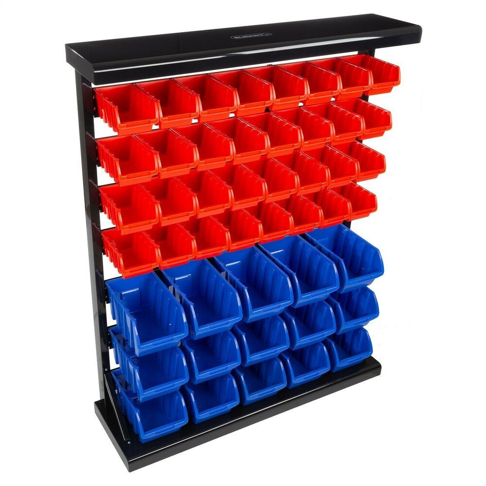 Large Garage Tool Storage Rack | Work Shed Floor Stand with 47 Removable Sorting Bins