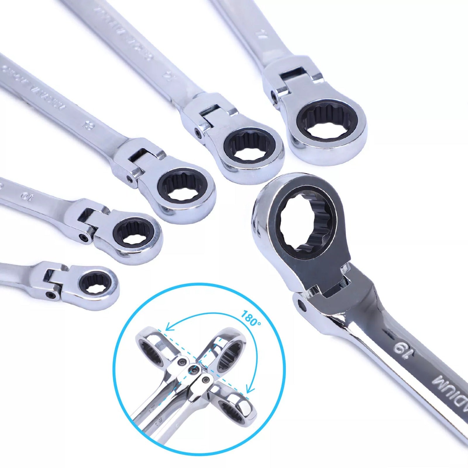 6Pc Double Box End Ratcheting Wrench Set - Flex Head, Extra Long & Heavy Duty Spanner