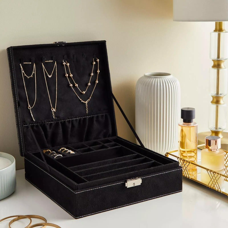 Velvet Jewelry Box Storage Box with Lock- 2 Layer Travel Case, Jewelry Storage