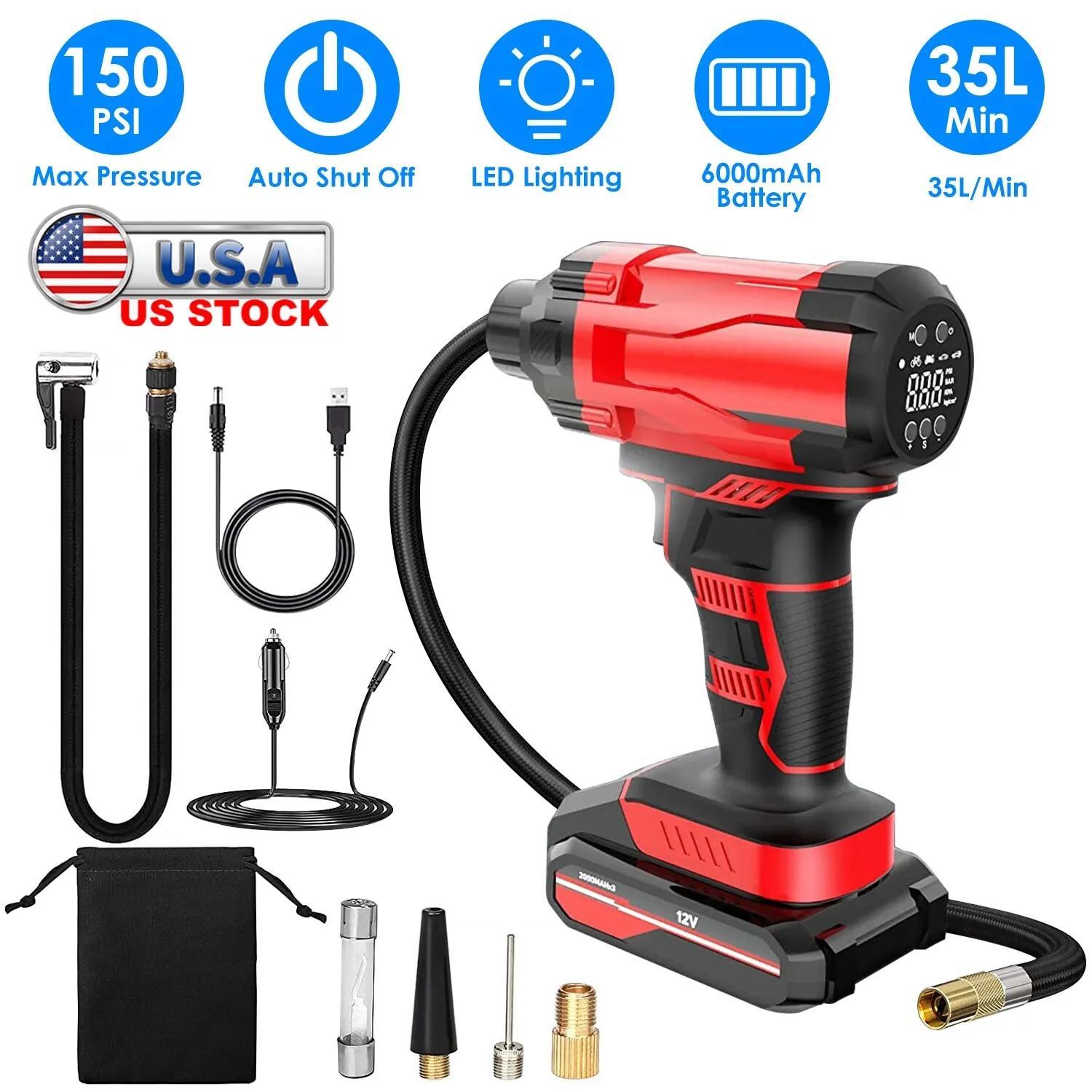 Tire Inflator Air Compressor, 12V Cordless Car Tire Pump with Rechargeable