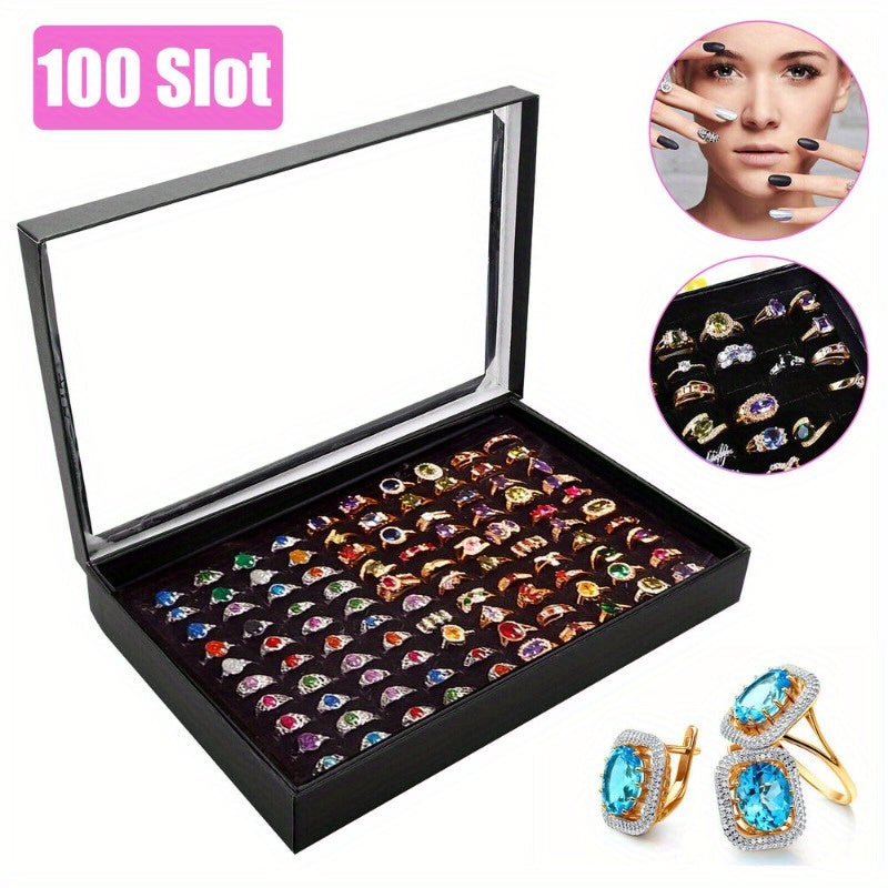 100 Slots Jewelry Ring Display Organizer Tray Holder Earrings Storage Boxes Case Rectangle Multifunctional Organizer Leather Box