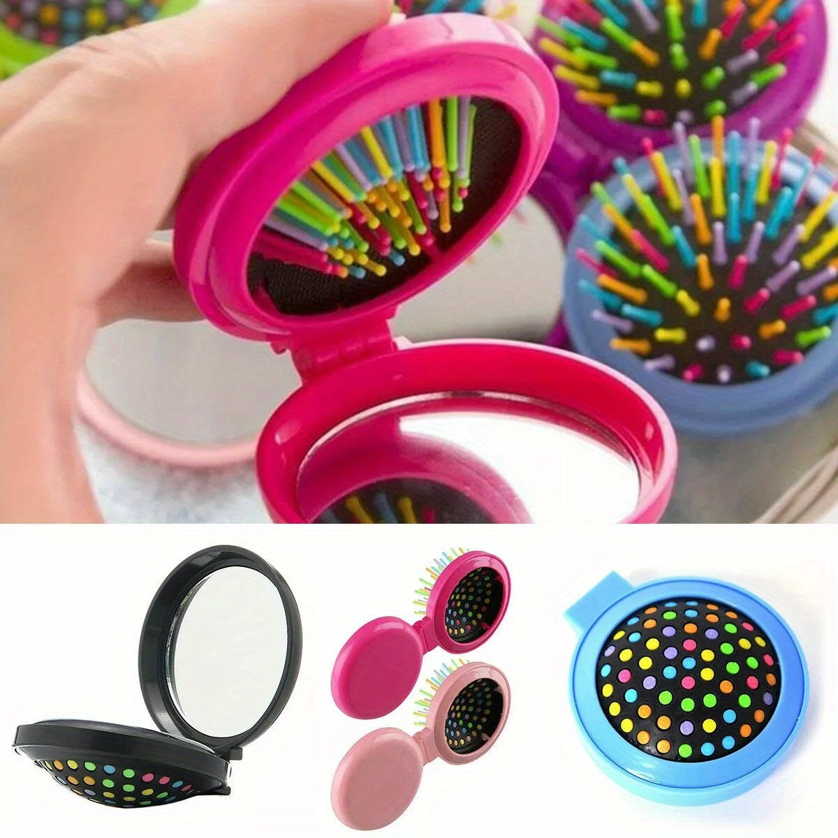 Random Color 3-Pack Folding Hair Brush & Mirror - Compact, Travel-Friendly & Purse-Ready!