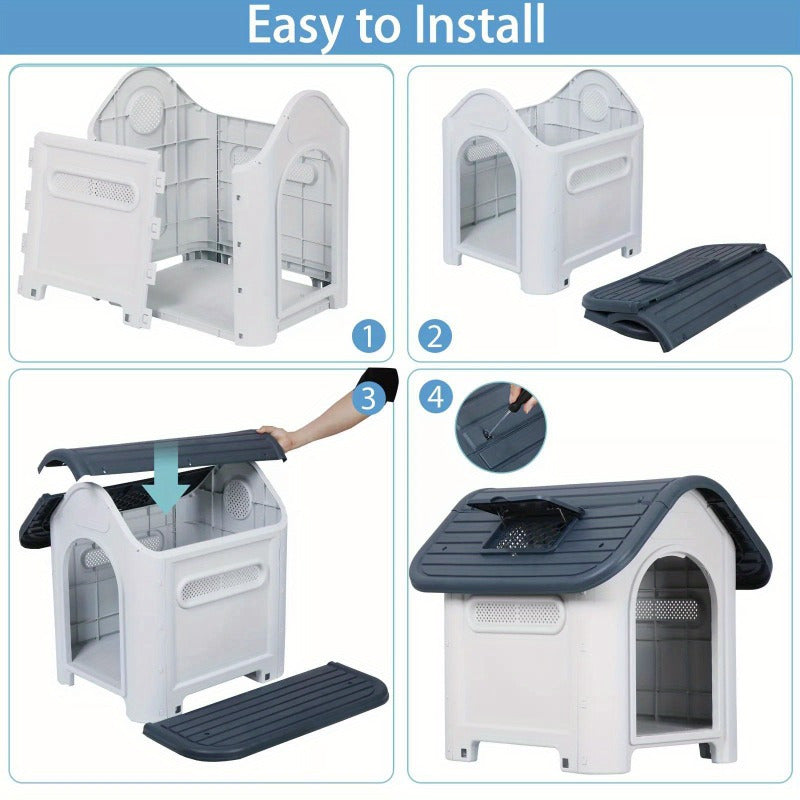 30Inches Large Dog House Outdoor Plastic with Adjustable Skylight & Elevated Base