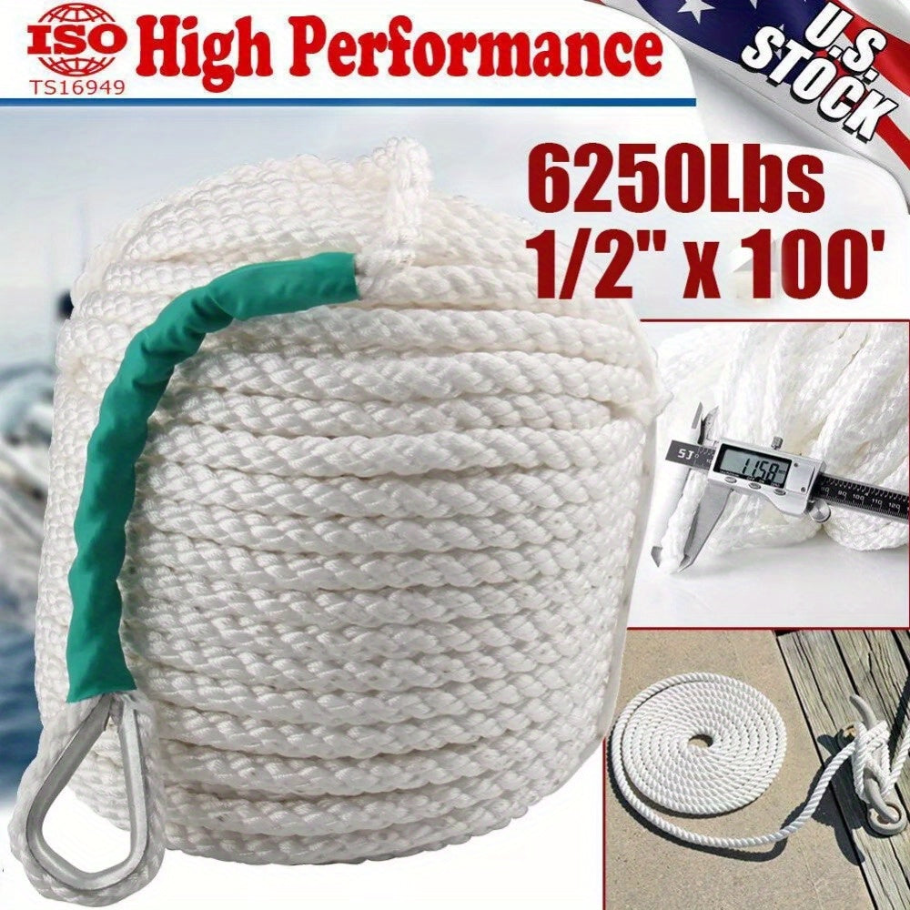 1/2" x 100' 3-Strand Nylon Anchor Rope w/ Thimble - 6250LB Boat Rigging Line