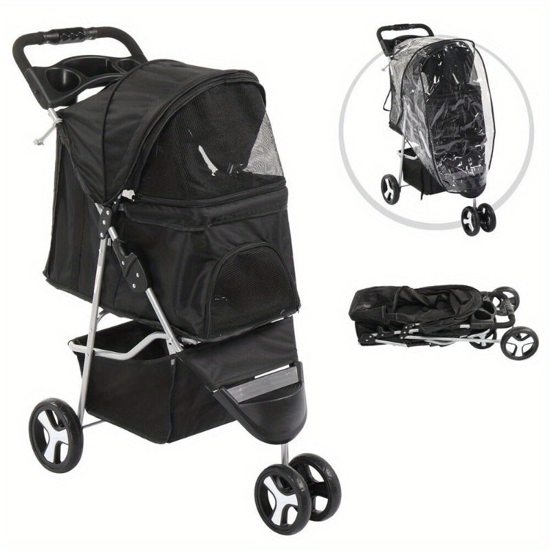 3 wheel foldable pet stroller with cover, pet stroller suitable for small and medium dogs