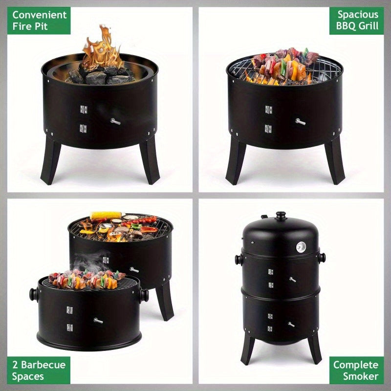 3 in 1 Outdoor Vertical Smoker Portable Meat Cooker Charcoal Smoking Grill