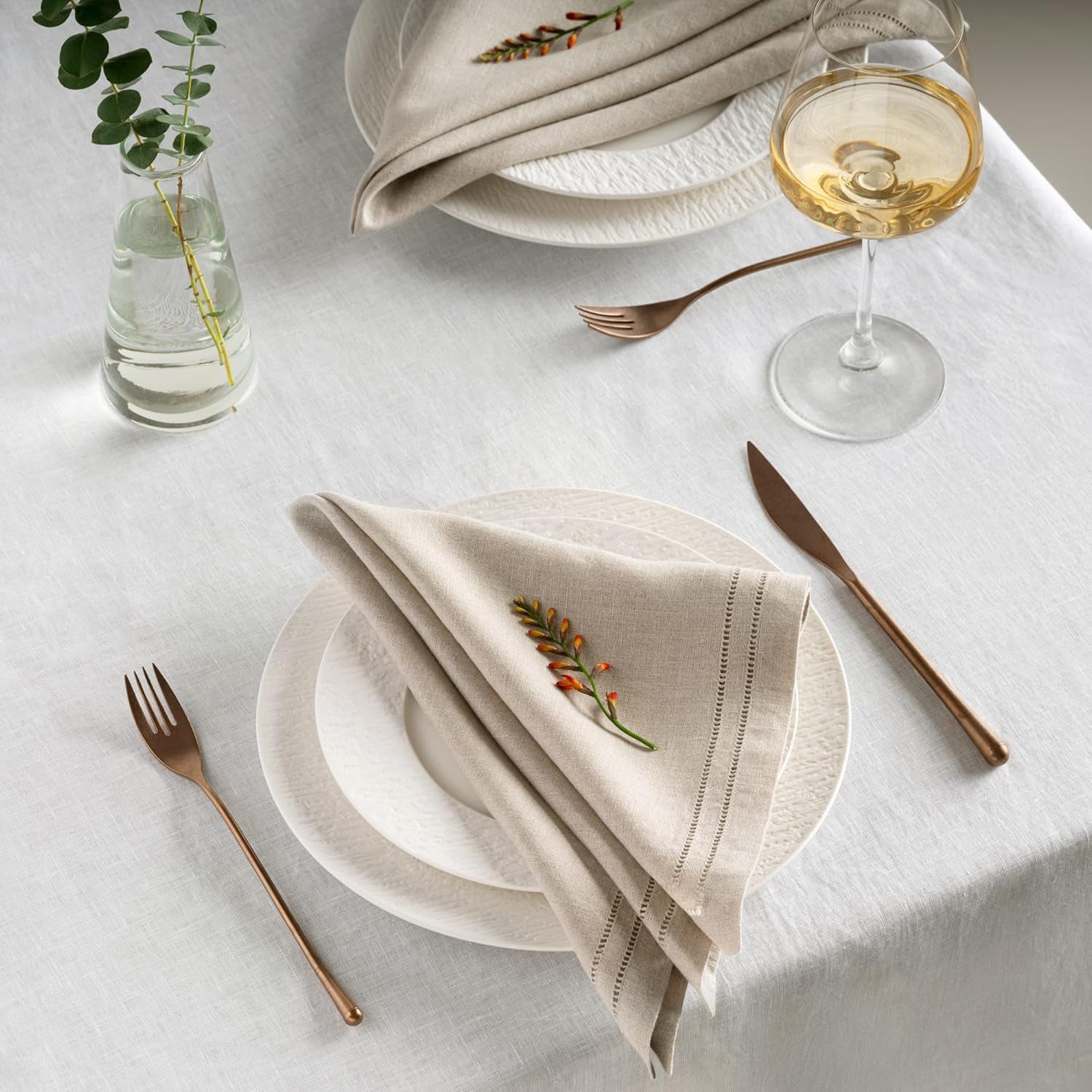 Linen Napkins - Natural 20 X 20 Inch, Set of 4 Double Hemstitch Dinner Napkins Handcrafted from French Flax Linen - Napkin Cloth Washable for Easter, Spring, Summer, Wedding Party