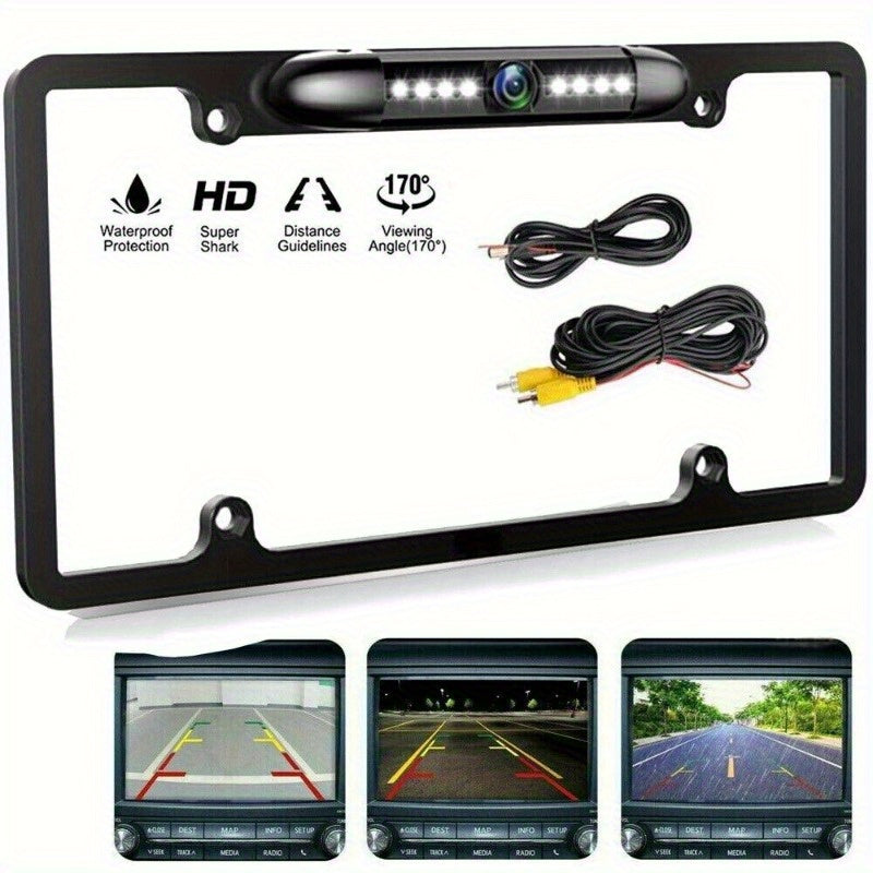 US License Plate Metal Frame Rear View Backup Camera CMOS HD Night LED Black